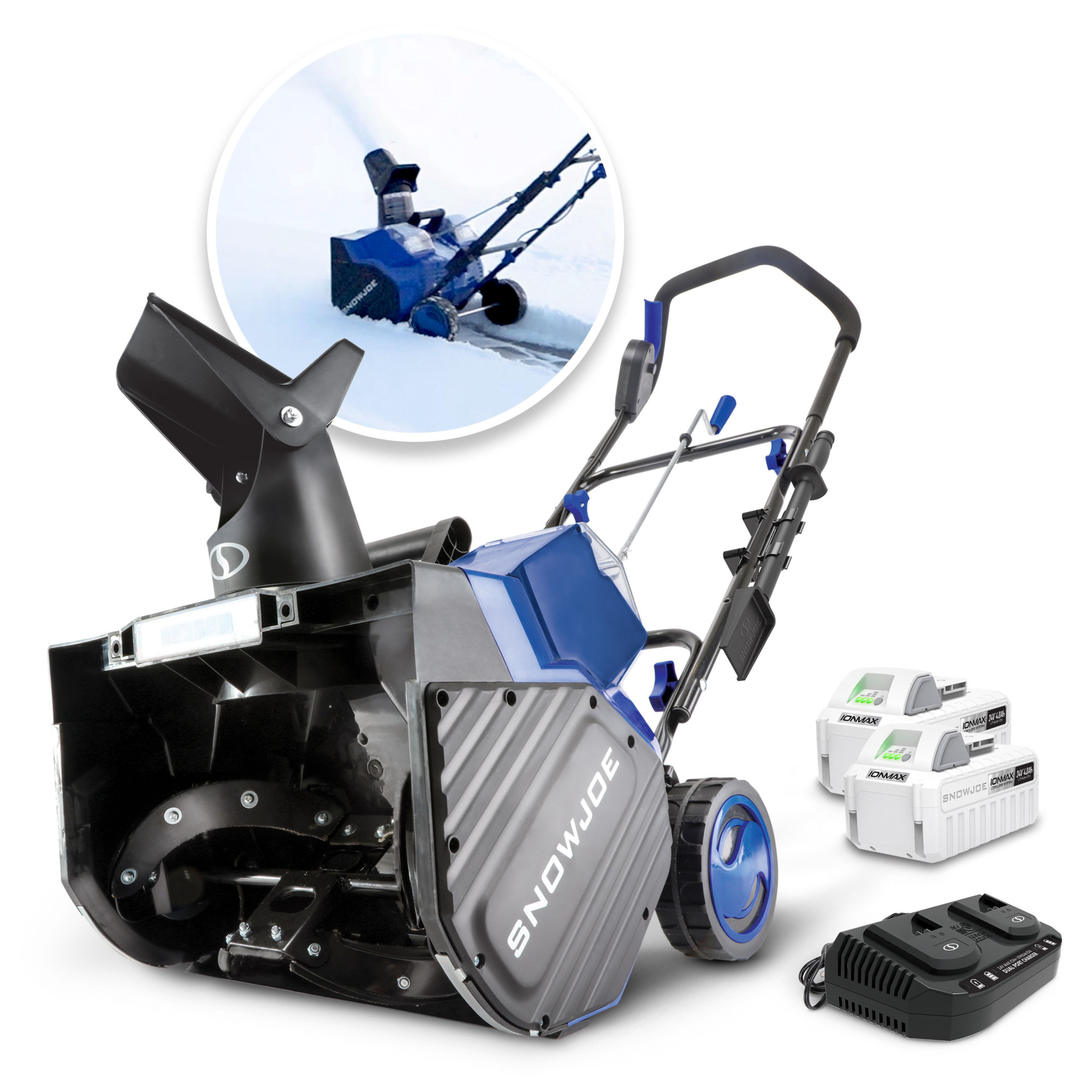 Snow Joe 48V IONMAX Cordless Snow Blower Kit — 18in., 2 x 4.0Ah Batteries + Charger, 1200W Brushless Motor, LED Headlight, Model# 24V-X2-SB18